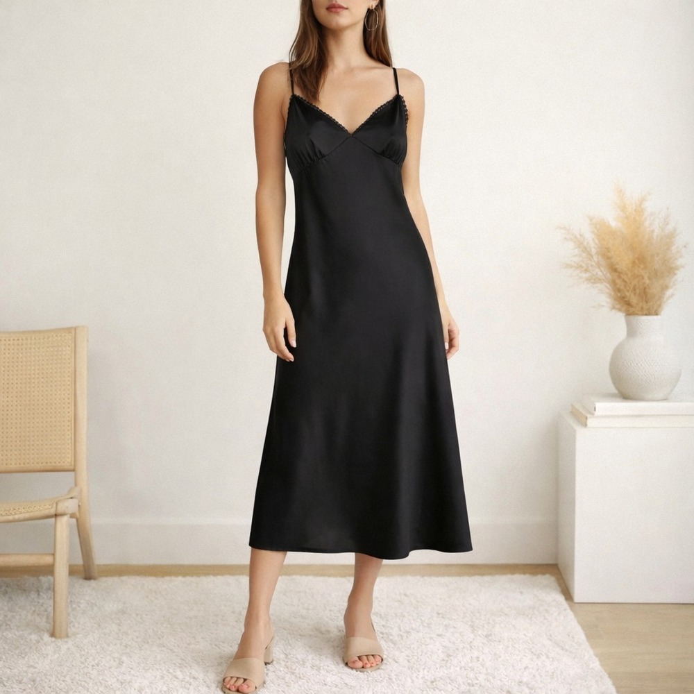 Aritzia Sunday Best Rae Slip Dress Black Satin Sz L Midi Lace Trim Minimalist